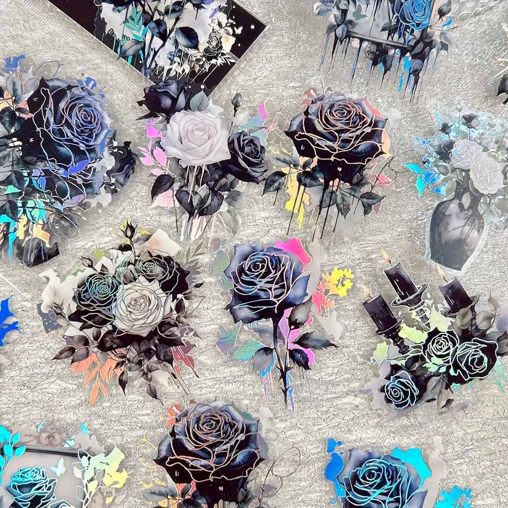[Floral PET Stickers] 20-Pack Mixed Color Floral PET Stickers | Self-Adhesive Glitter Flower Decals for Scrapbooking, Journals, and Art Collages - Reusable Plant-Themed Embellishments with Shimmery Finish, Irregular Shapes