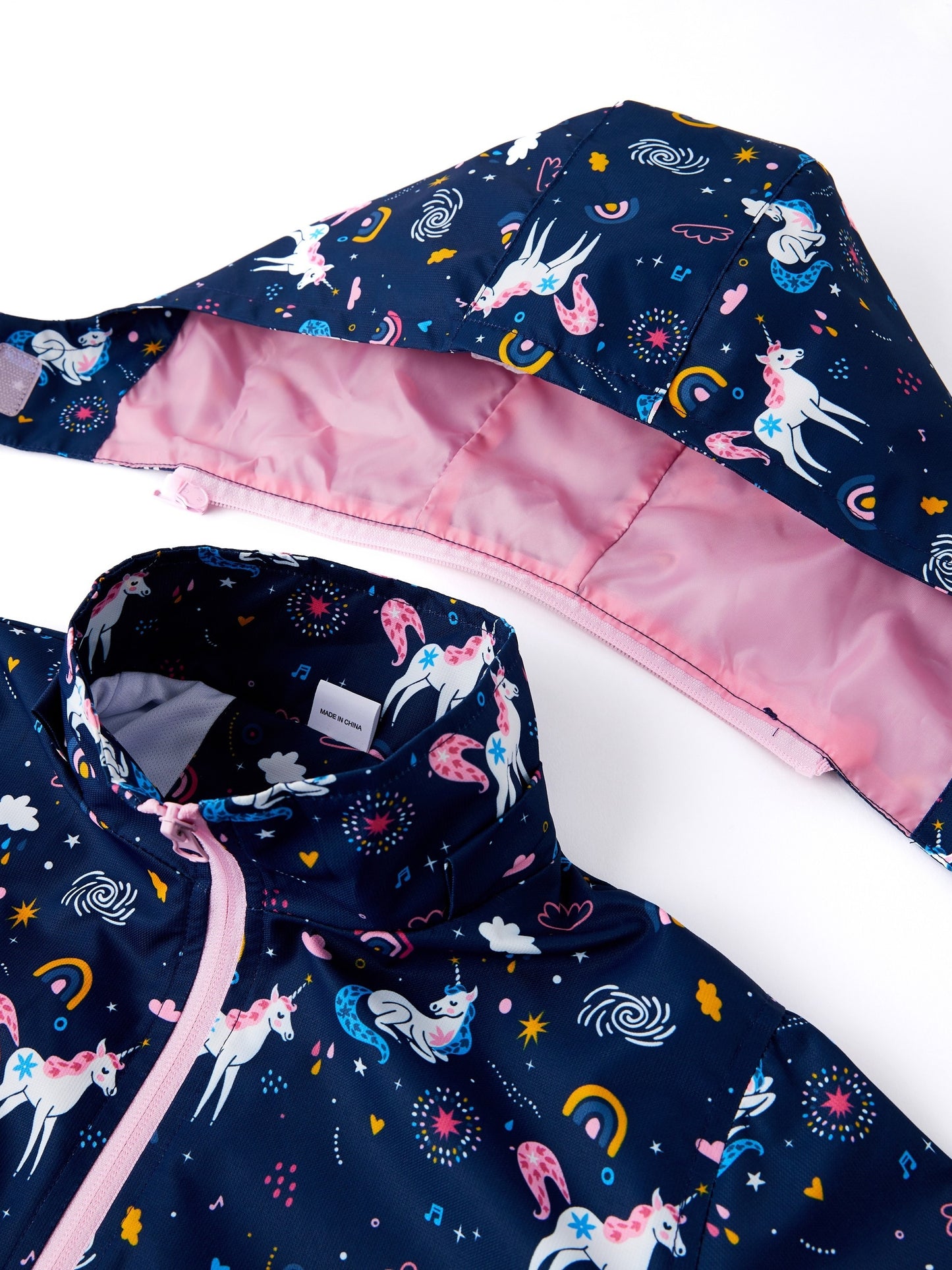 Girls' Unicorn Jacket - Lightweight Windproof Hooded Outerwear with Removable Hood, Pastel Rainbow & Clouds Design, Zip-Up Front, Long Sleeves, and Pockets for Spring/Fall Casual Wear, Unicorn Clothes, Playful Kids Fashion, D