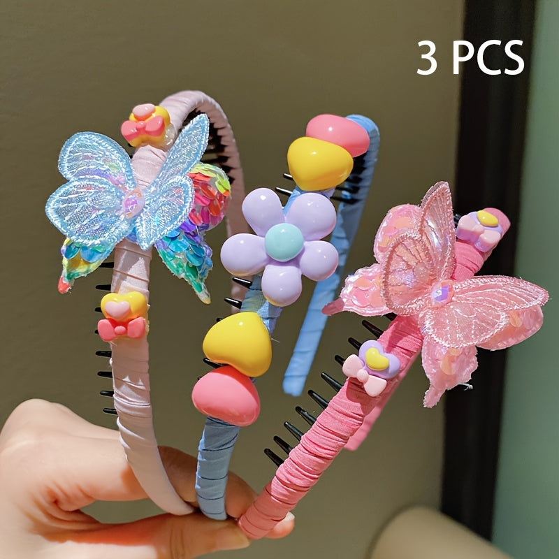 LEMON LOVEO 3pcs Sweet Butterfly & Flower Hairbands - Non-Slip, Colorful Resin & Fabric, All-Season Versatility for Girls