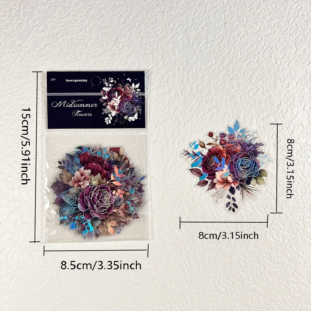 [Floral PET Stickers] 20-Pack Mixed Color Floral PET Stickers | Self-Adhesive Glitter Flower Decals for Scrapbooking, Journals, and Art Collages - Reusable Plant-Themed Embellishments with Shimmery Finish, Irregular Shapes