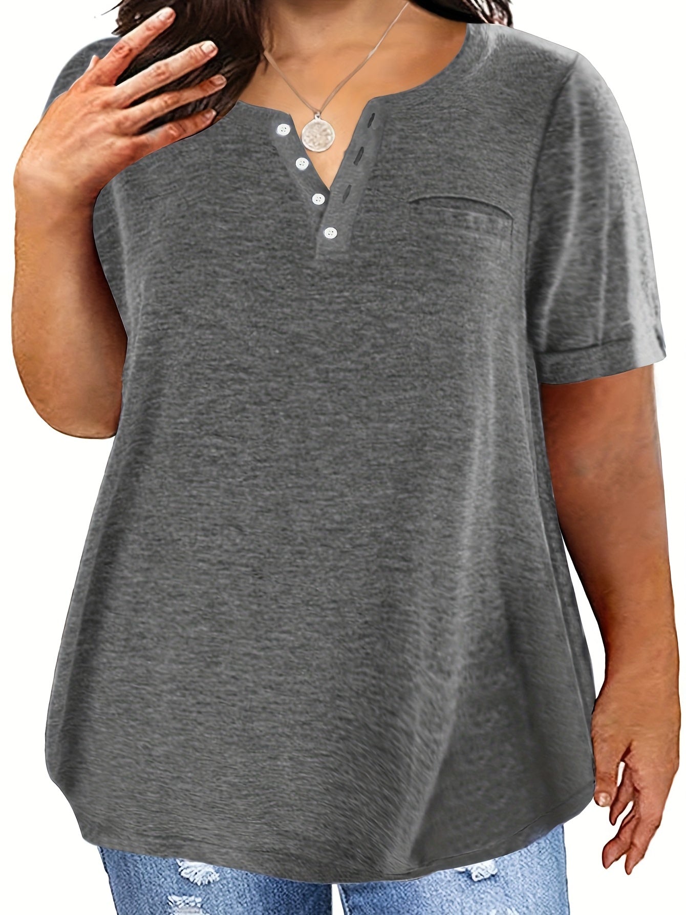 Plus Size Button Front Short Sleeve T-shirt, Women's Plus Slight Stretch Casual Tee