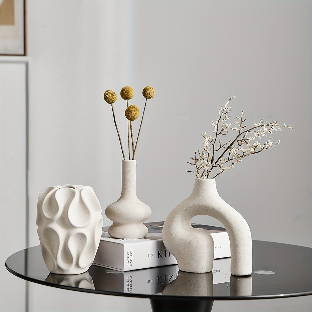 3pcs Boho Ceramic Vase Set - Modern Nordic Minimalist Round & Donut Shaped, Geometric Pattern, Ideal for Trendy Home Decor, Living Room, Entryway, Coffee Table - No Battery Required, Decorative Gift