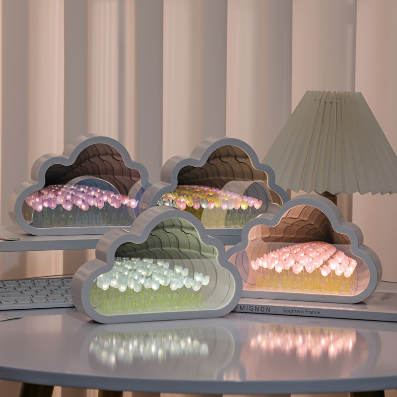 1pc Handcrafted Tulip Cloud LED Night Light with Mirror - Multicolor Flower Sea Glow, Adjustable Brightness, Battery-Powered Desk Lamp for Bedroom & Living Room Ambiance - Ideal Gift for Girlfriend, Best Friend on Christmas,