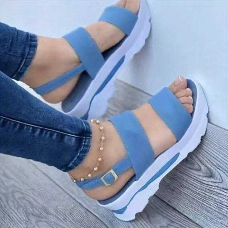 Non Slip Women's Platform Open Toe Sandals, Solid Color Ankle Buckle Strap Casual Outdoor Shoes