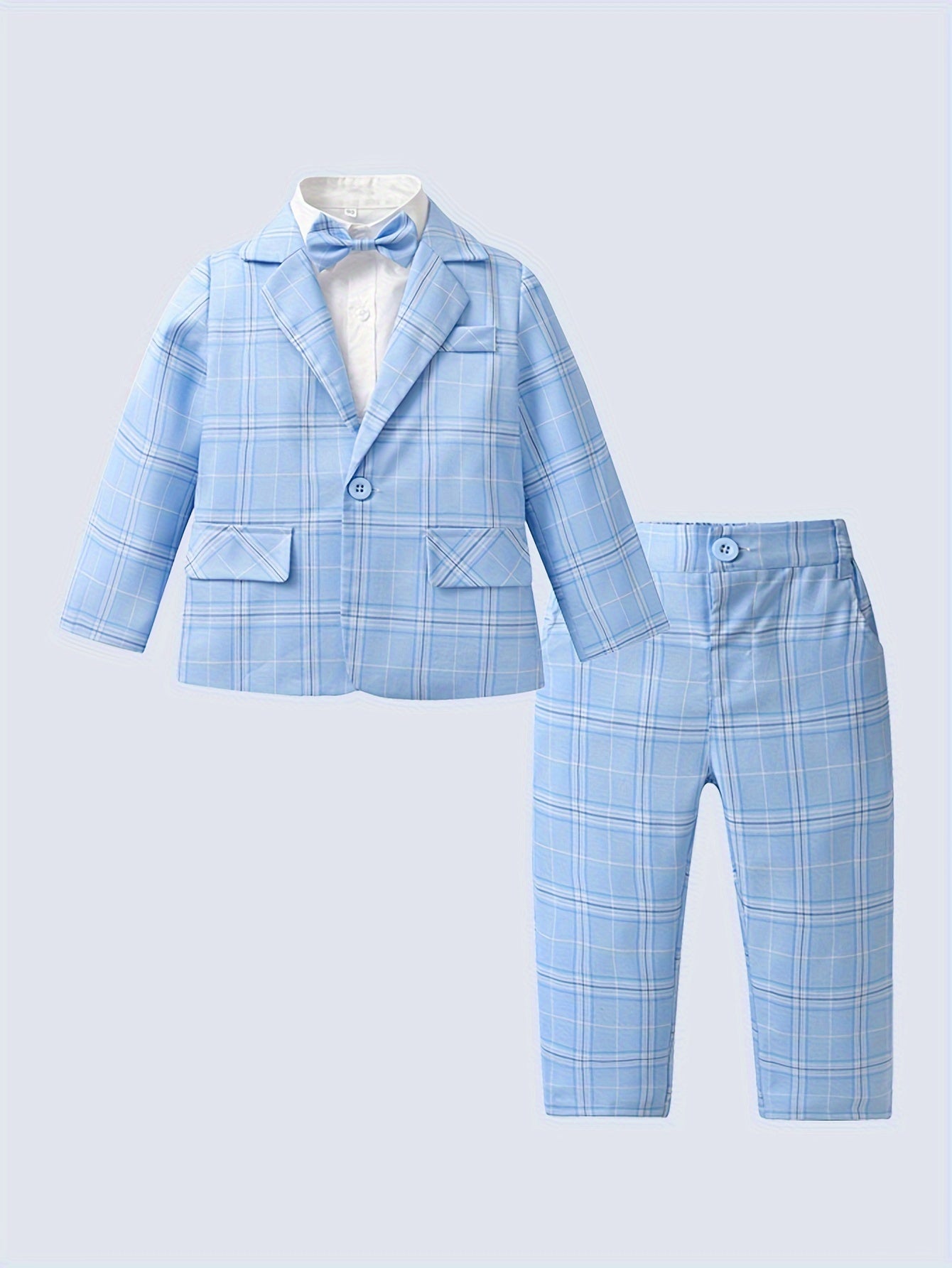 Baby Boy Fashion Gentleman Style Casual 3pcs/Set, Bow Tie Dress Shirt & Long Sleeve Plaid Coat & Plaid Pants Set, Outdoor Cloth