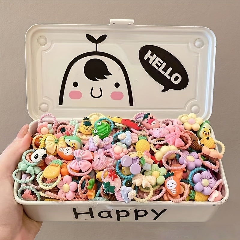 [60pcs Hair Ties] 60pcs Hair Ties, Cartoon Animals Flowers Fruits Decor Hair Bands | Baby Girls Decorative Hair Accessories Set Holiday Gift