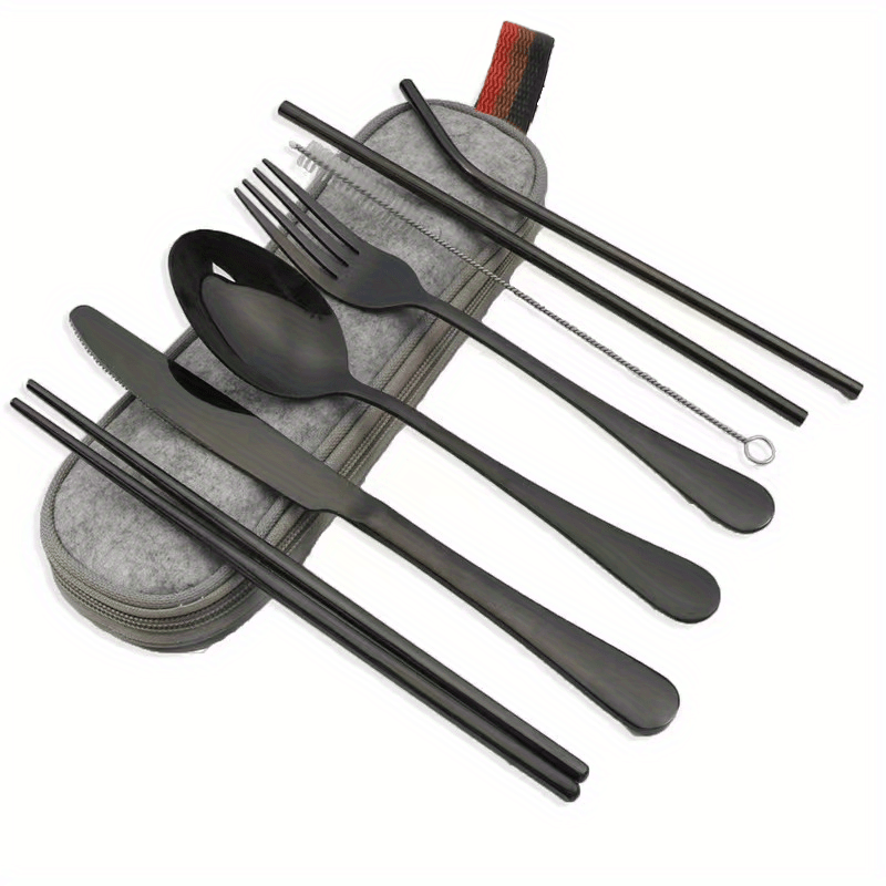Portable Utensils, Travel Camping Cutlery Set, 8pcs including Knife Fork Spoon Chopsticks Cleaning Brush Straws Portable Case, Stainless Steel Flatware set