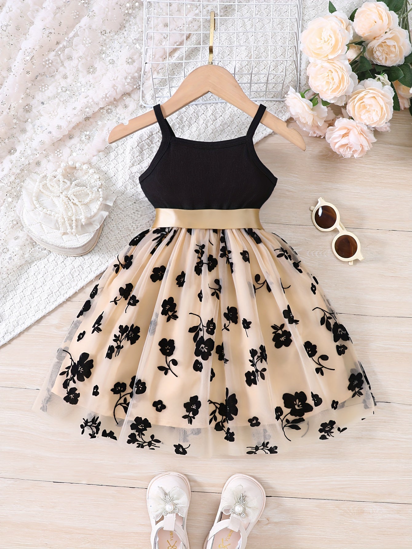 Splicing Flower Graphic Cami Tutu Dress Girls Summer Clothes Party Gift