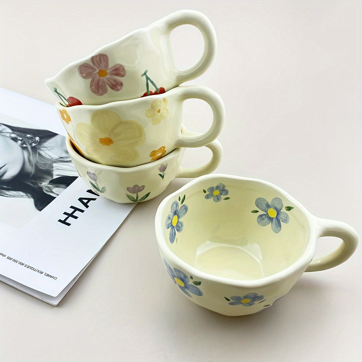 1pc Flowers Pattern Ceramic Mug Coffee Cup Irregular Flower Milk Tea Cup Korean Style Oatmeal Breakfast Mug Drinkware