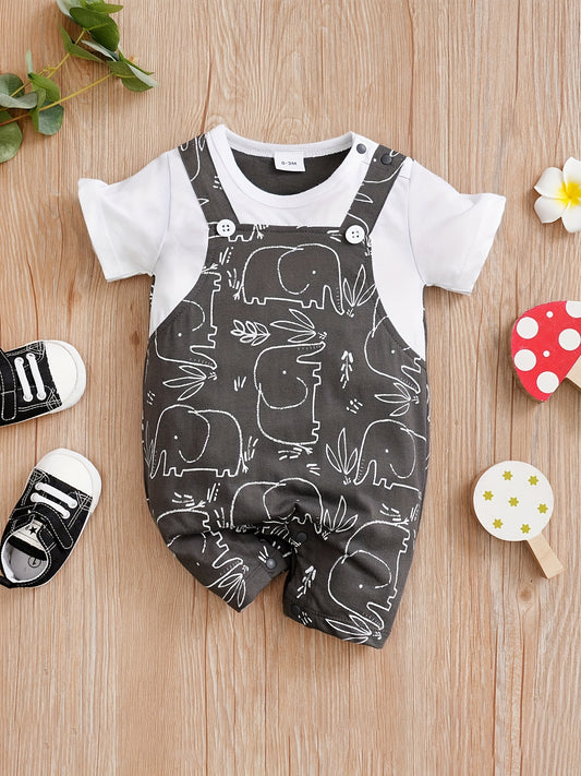 Baby Boy's Cute Elephant Print Short Sleeve Romper, Newborn's Clothes