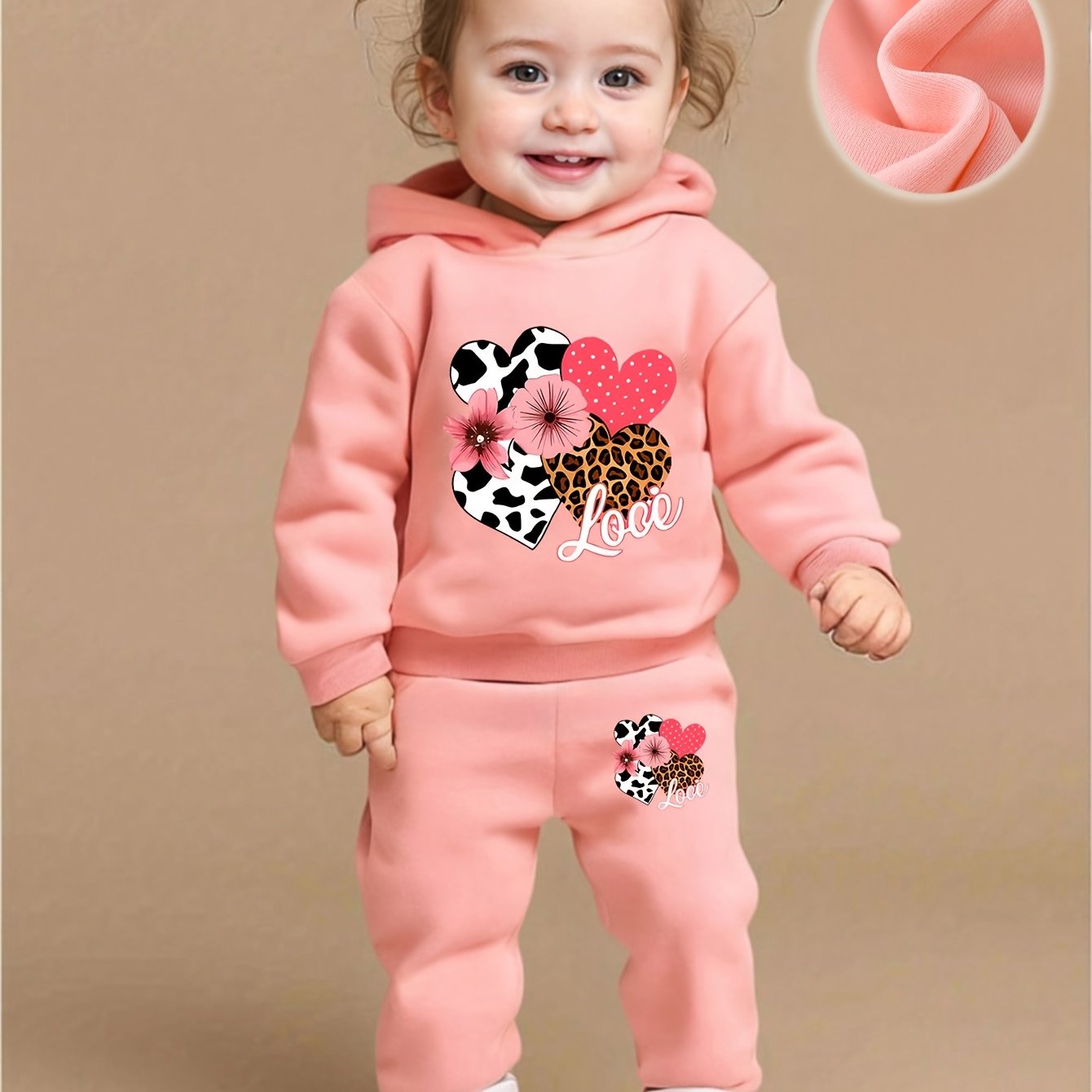 Baby Girl Love Love Flower Pattern Hoodie+Casual Pants Two Piece Set Spring and Autumn Sportswear, Perfect for Outdoor