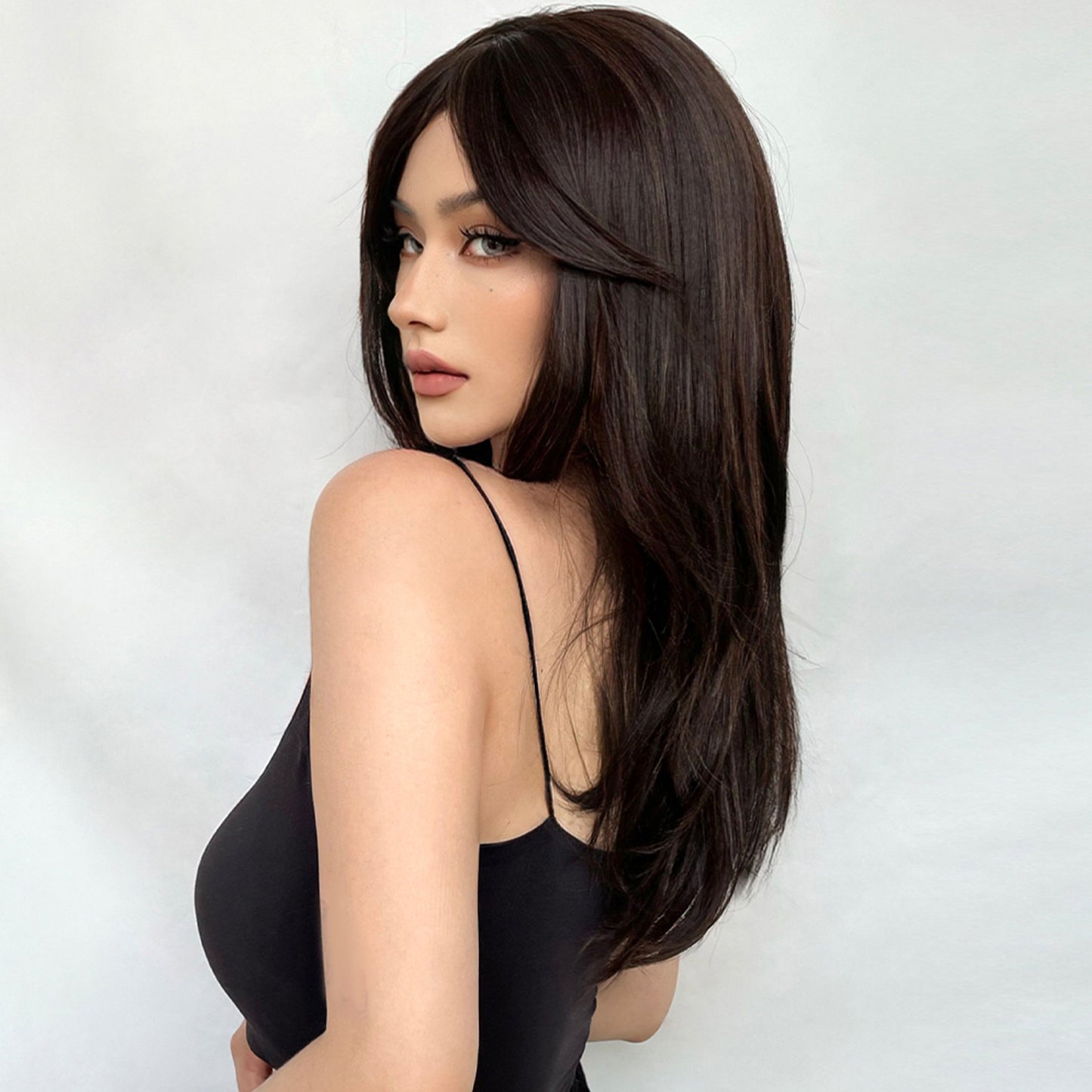 Long Dark Wigs For Women Cute Bob Layered Synthetic Wig Straight Hair Nature Looking