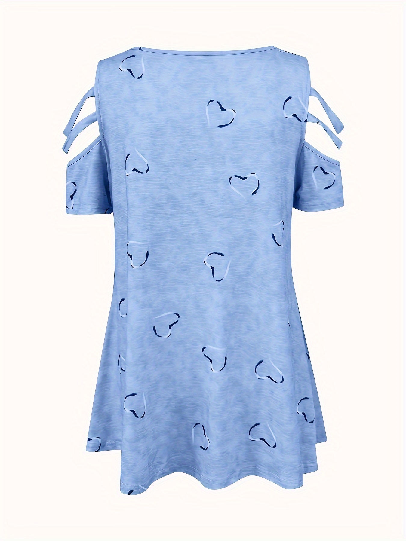 Heart Print Cut Out T-Shirt, Zipper V Neck Short Sleeve T-Shirt, Casual Every Day Tops, Women's Clothing