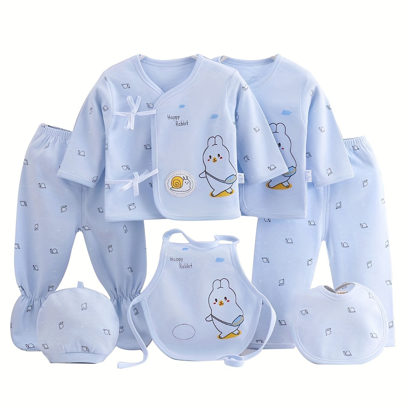 7pcs Newborn Outfits Gifts, Cute Graphic Baby Boys Girls Cotton Comfy Clothes Set - Footed Pants Cardigan Top Trousers Hat Bib Set Outdoor Clothes Outdoor Clothes