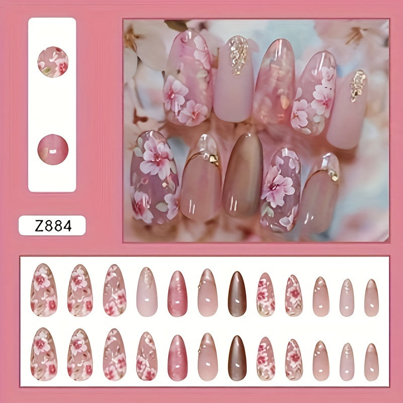 24pcs Cat Eye Press On Nails, Fake Nails with Peach Flower Design, Medium Square Shape False Nails for Women Girls