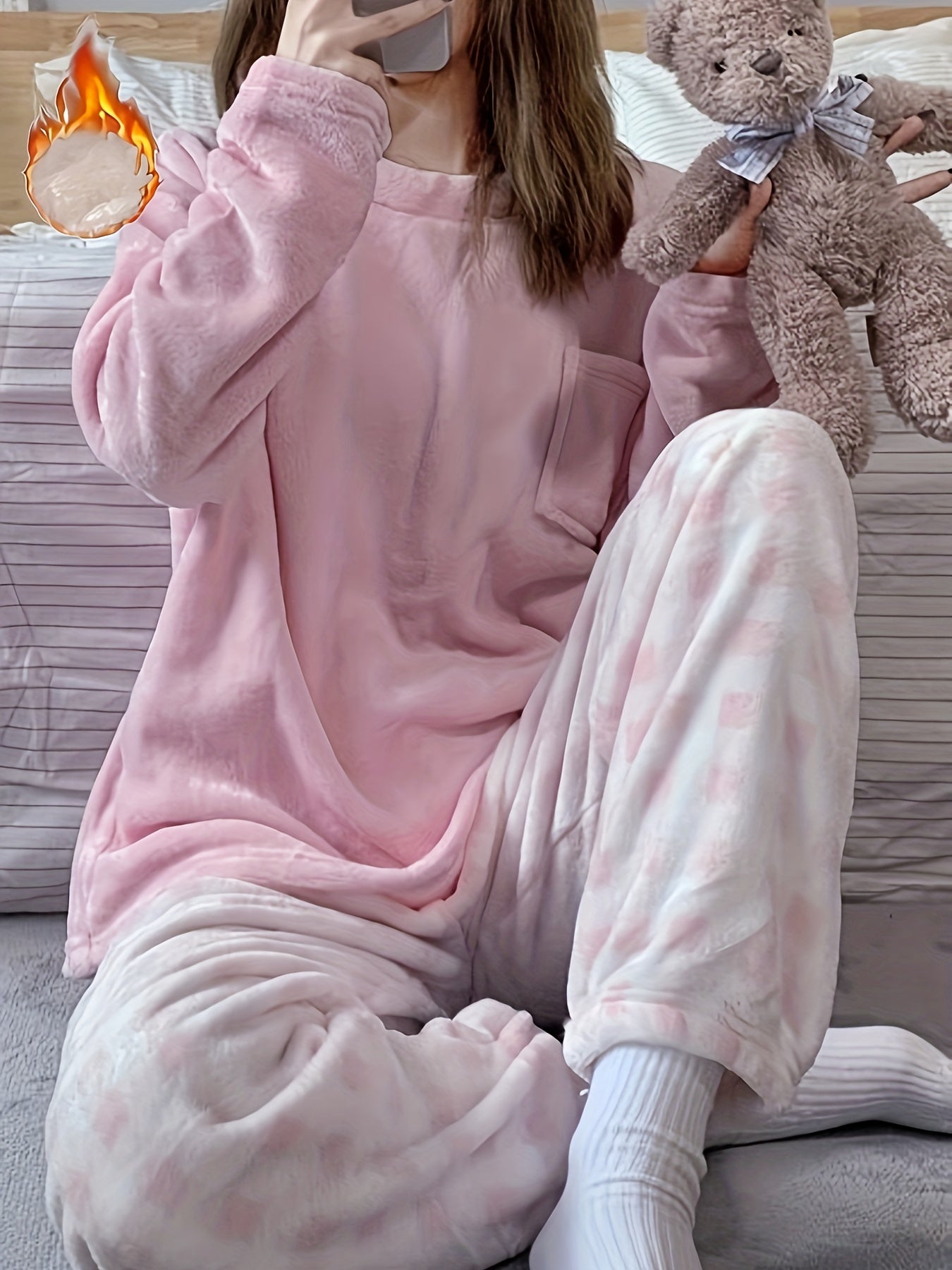 [Velvet Pajama] Winter Warm Velvet Pajama Set | Plaid Pattern Pajama, Solid Color Casual Home Wear Set