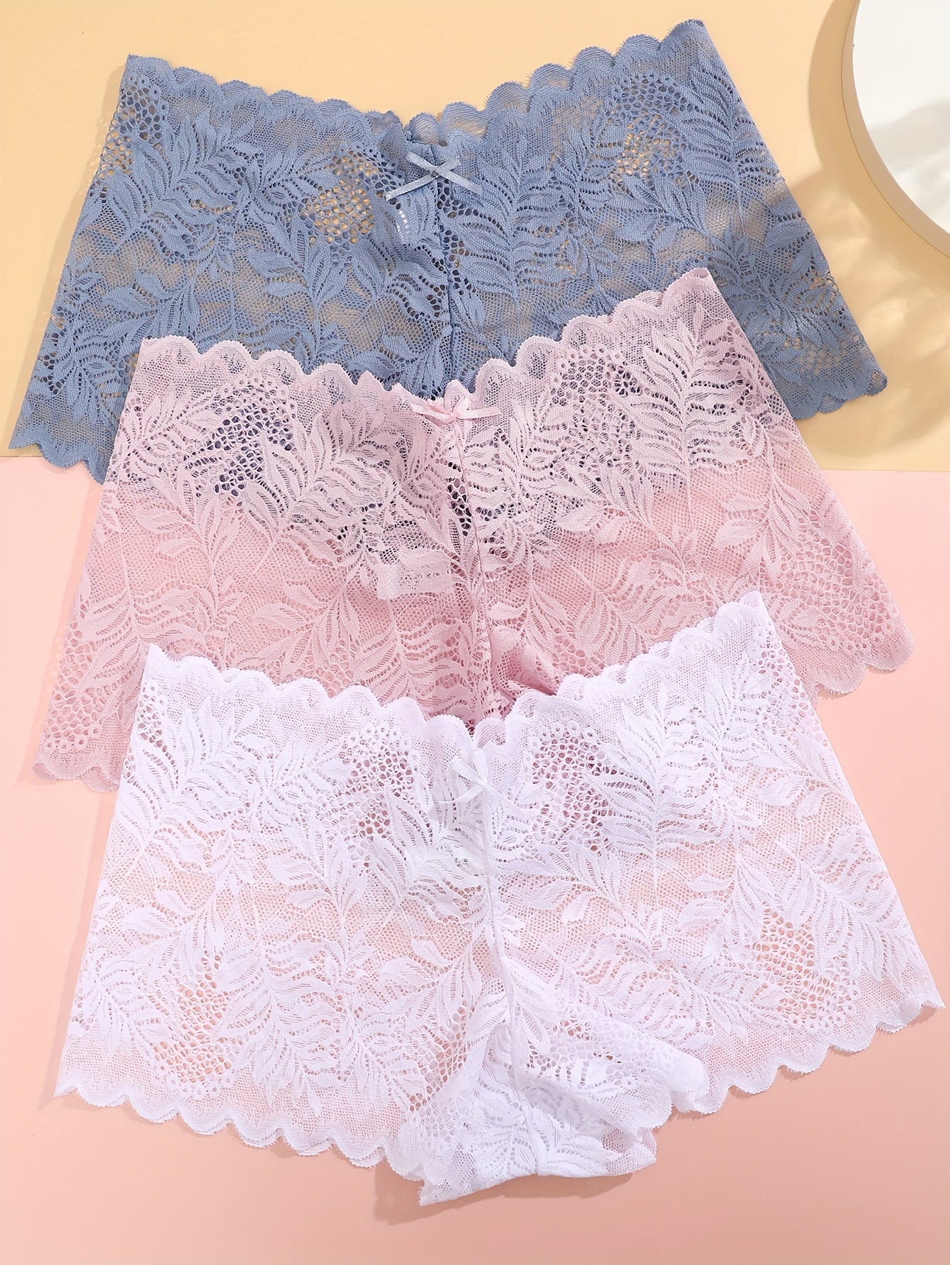 3pcs FINETOO Women's Sexy Low-Rise Lace Boyshort Panties - Breathable, Stretchy Nylon Blend with Floral Pattern, Scalloped Trim in Black, White, & Pinkish-Beige