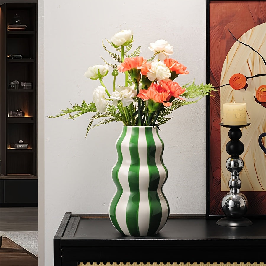 1pc Modern Ceramic Striped Vase – Elegant Cylindrical Design in Blue, Green, Red & White Stripes, Perfect for Hydroponic Plant Arrangements in Living Room, Balcony, or Home Decor, Living Room Accent | Modern Ceramic Vase |