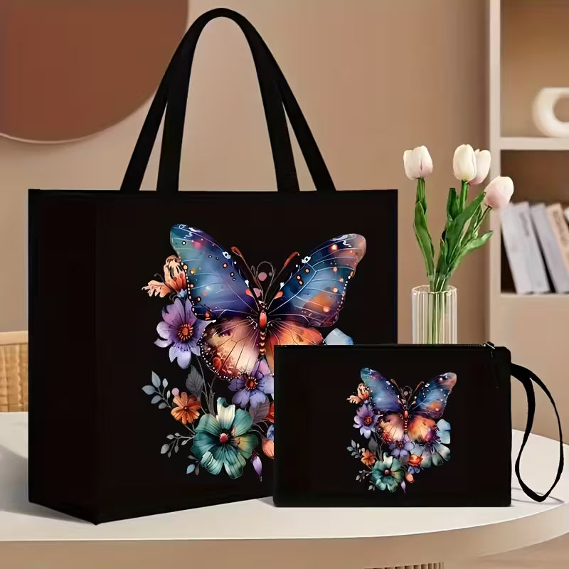 2pcs Floral and Butterfly Print Tote Bag Set with Matching Wallet