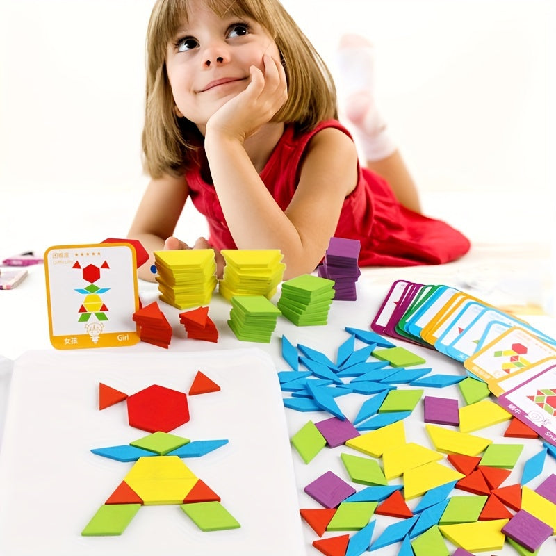 155-Piece Large-Scale Wooden Geometric Tangram Puzzle Board Toy Set - Develops Problem-Solving Skills, Enhances Spatial Awareness, and Fosters Creative Thinking - Perfect for Early Childhood Education and Home Learning