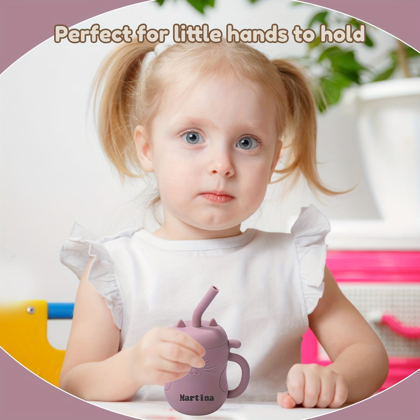 TYRY.HU Baby Learning Cup with Straw & Lid - Leak-Proof Soft Silicone Training Cup Suitable for, Feeding, Lid & Straw, Cute Cat, Easy to Clean, (4 Colors: ///)