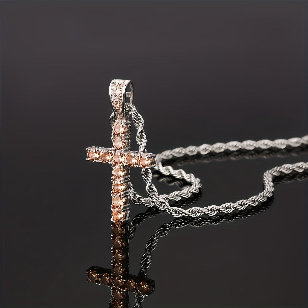 Hip Hop Cross Copper With 4mm Zirconia 14K Golden Plated Pendant Necklace