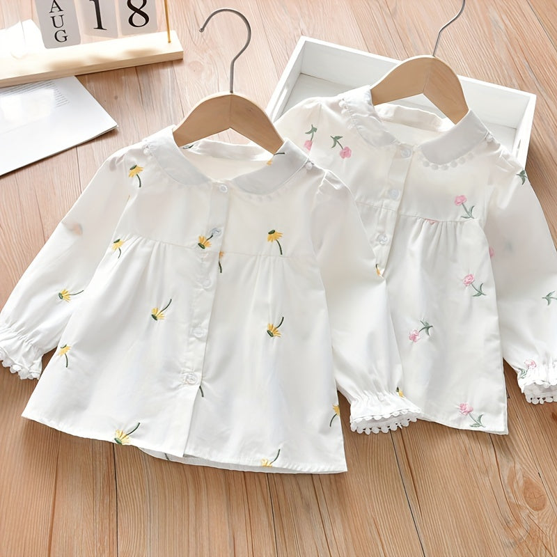 Adorable Girls Delicate Ruffle Flower Embroidered Shirt - Stylish Button Front for Spring & Fall Parties - Versatile Wardrobe Essential