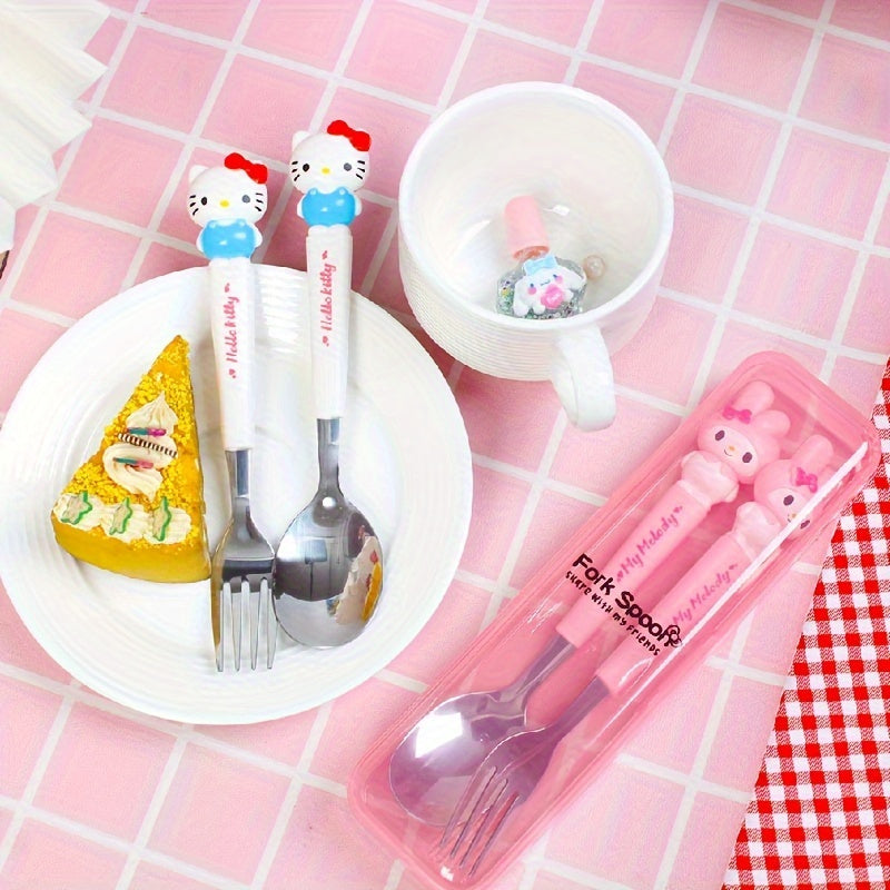 Sanrio Cute Cartoon 2pcs Tableware Suit-Stainless Steel Portable Travel Fork and Spoon with Cute Character Handle, Outdoor Eating Essentials, Onthego Dining, Fun Utensils, Stylish Cutlery, Polished Finish, Highquality Steel,