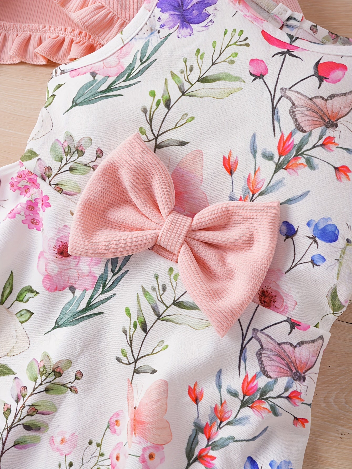 Sweet Girls 2pcs Solid Frill Trim Long Sleeve Outerwear + Flower Graphic Sleeveless Dress Set For Summer Party Gift