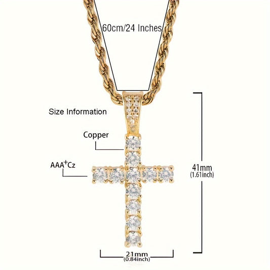 Hip Hop Cross Copper With 4mm Zirconia 14K Golden Plated Pendant Necklace