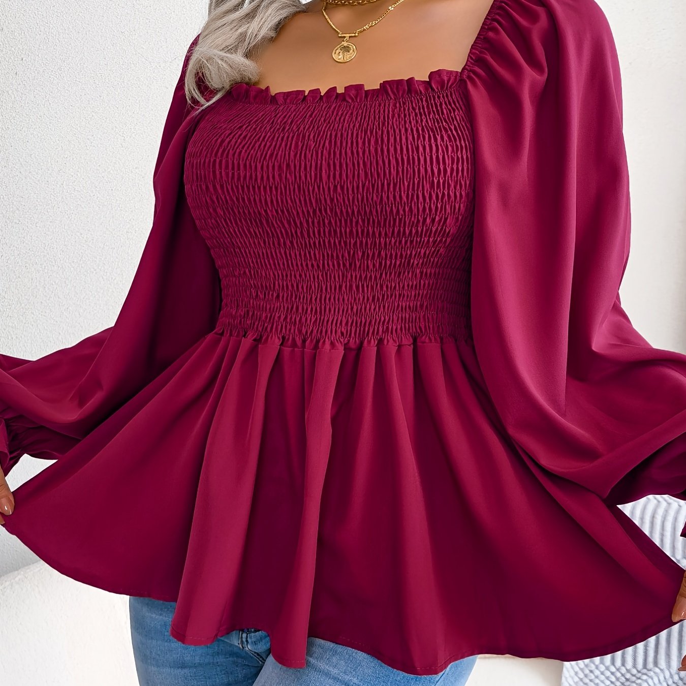Shirred Lantern Sleeve Shirt, Casual Squared Neck Pleated Ruffle Trim Solid Shirt, Women's Clothing Wedding holiday vacation