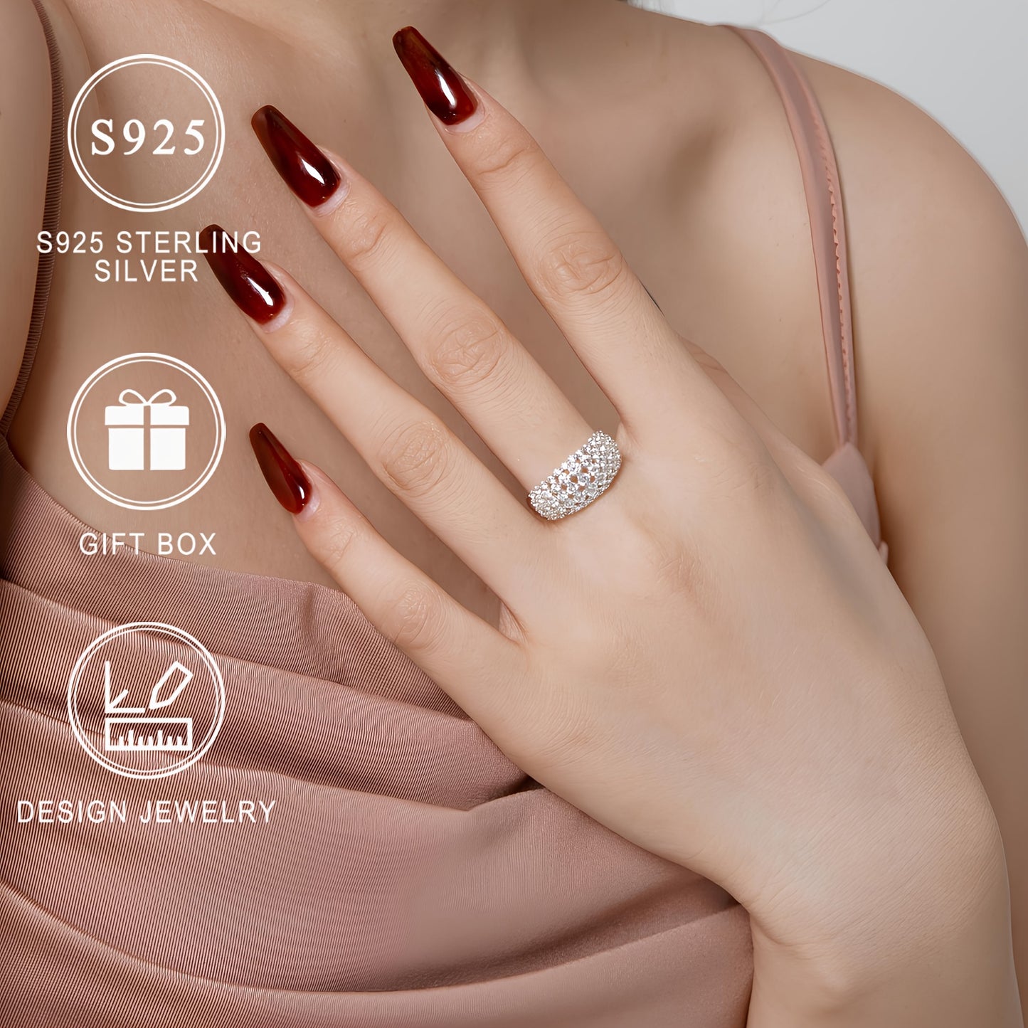 S925 Sterling Silvery Wide Version Ladies Ring Curved Diamond-studded Synthetic Zirconia Ring Ladies Stylish Design High Quality Ring Bead Jewelry Lovers Day Mothers Day Ramadan Eid al-Fitr Holiday Gift gift box