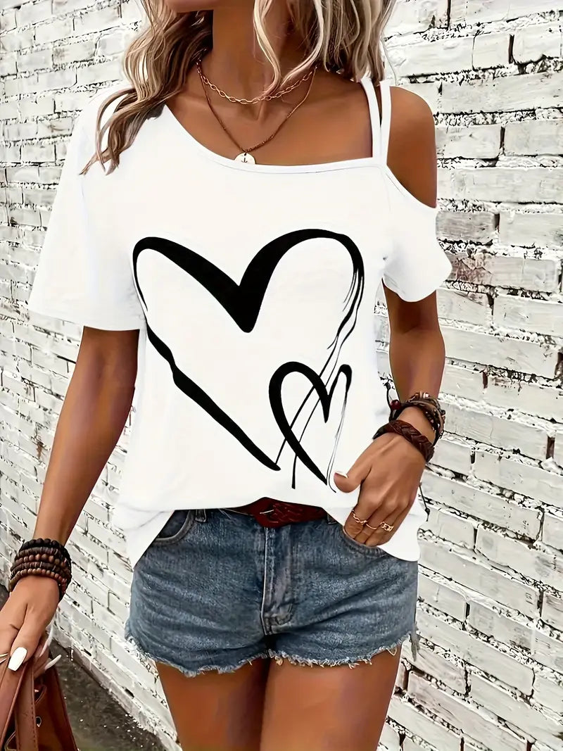 Heart Print Cold Shoulder T-shirt