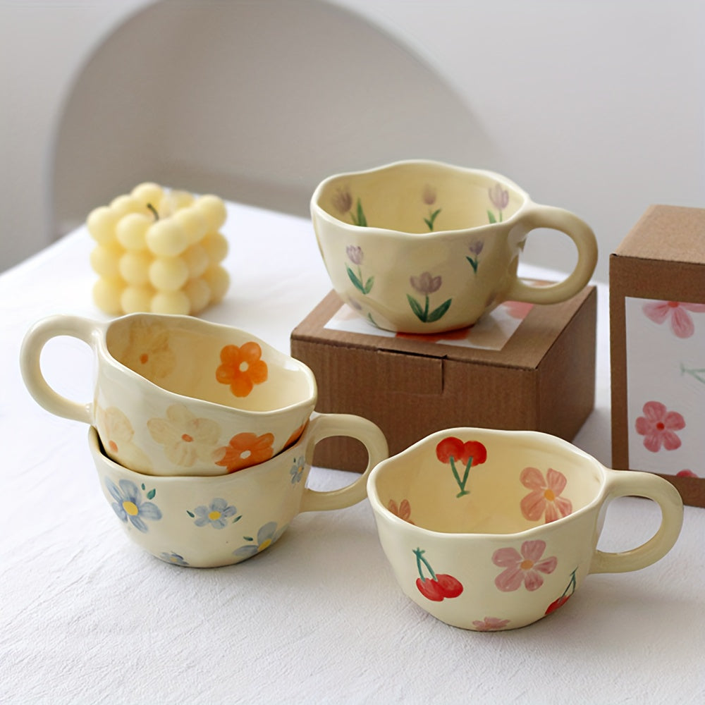 1pc Flowers Pattern Ceramic Mug Coffee Cup Irregular Flower Milk Tea Cup Korean Style Oatmeal Breakfast Mug Drinkware