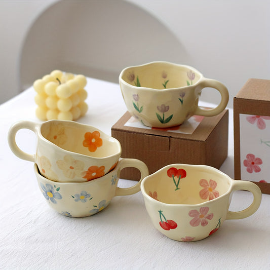 1pc Flowers Pattern Ceramic Mug Coffee Cup Irregular Flower Milk Tea Cup Korean Style Oatmeal Breakfast Mug Drinkware