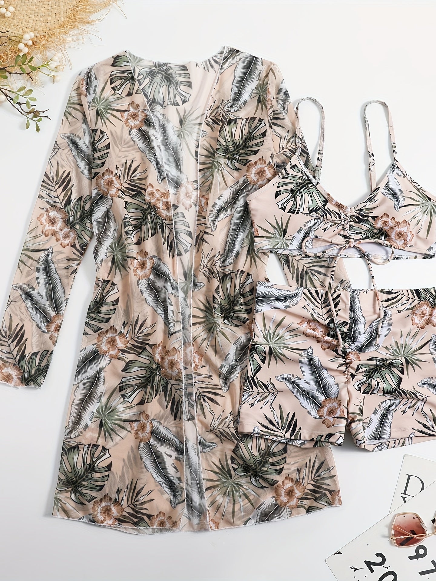 Three-piece swimsuit with flat-leg bikini for women, new style with split top and bow, fashionable beach and swimming outfit
