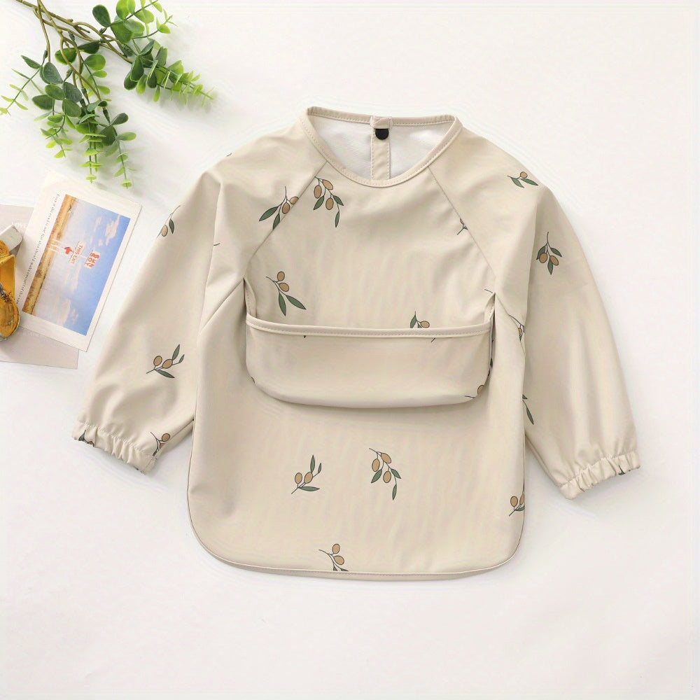 Unisex Baby Long Sleeve Bib with Crumb Catcher, Polyester Fiber, Snap Closure, Kids Eating Apron with Pocket, White/Beige/Mixed Colors