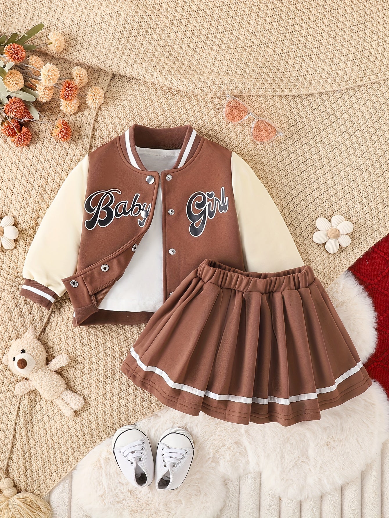 Preppy Style Girls 2pcs BABY GIRL Print Baseball Jacket + Pleated Skirt Outdoor Set For Party Sports Gift