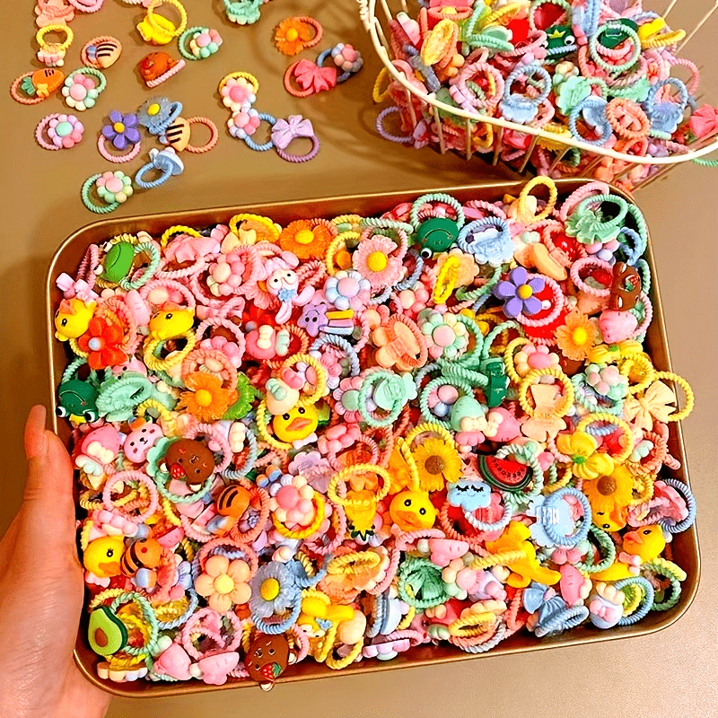 [60pcs Hair Ties] 60pcs Hair Ties, Cartoon Animals Flowers Fruits Decor Hair Bands | Baby Girls Decorative Hair Accessories Set Holiday Gift