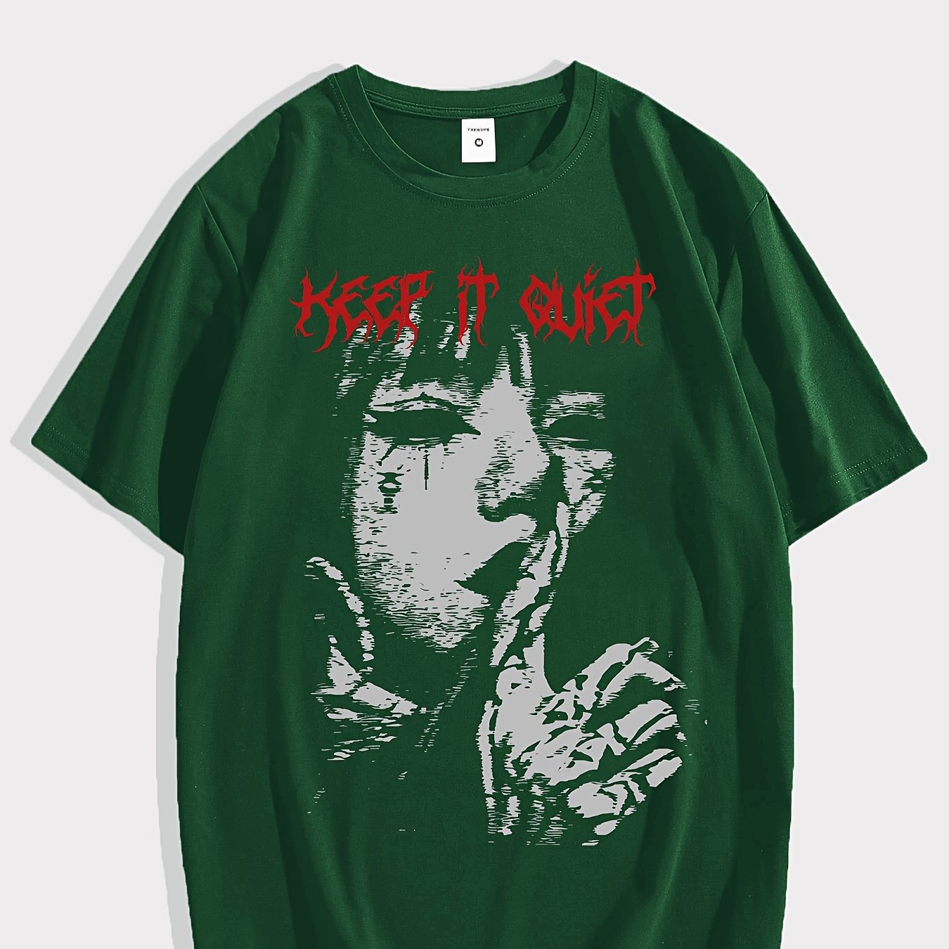 Men'S Keep it Quiet Gothic Character Graphic Tee - Casual Polyester Short Sleeve T-Shirt with Bold Red Lettering, Crew Neck, Spring/Autumn Streetwear
