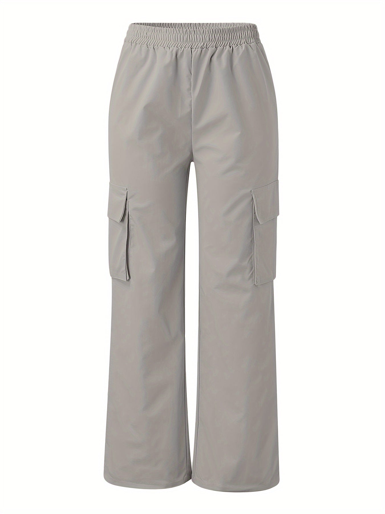 Solid Color Flap Pockets Straight Legs Trouser, High Waist Casual Wide Legs Cargo Pants, Women's Sweatpants