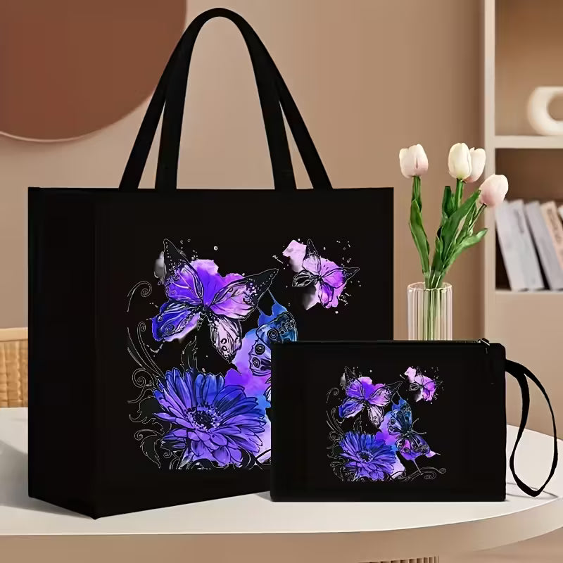 2pcs Floral and Butterfly Print Tote Bag Set with Matching Wallet