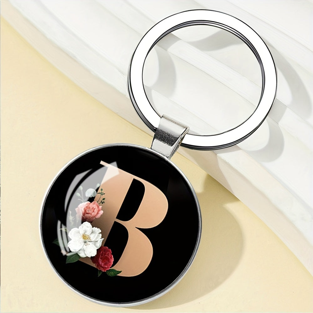1pc Elegant Floral Alphabet Glass Keychain, Round Character-Themed Alloy Keyring, Romantic Collegiate Style Accessory, Ideal for Birthday, Anniversary, Graduation, Bridal Shower Gifts, and Festive Occasions - Christmas, Hallo