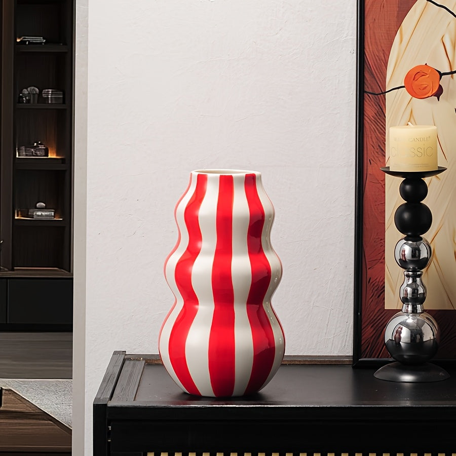1pc Modern Ceramic Striped Vase – Elegant Cylindrical Design in Blue, Green, Red & White Stripes, Perfect for Hydroponic Plant Arrangements in Living Room, Balcony, or Home Decor, Living Room Accent | Modern Ceramic Vase |