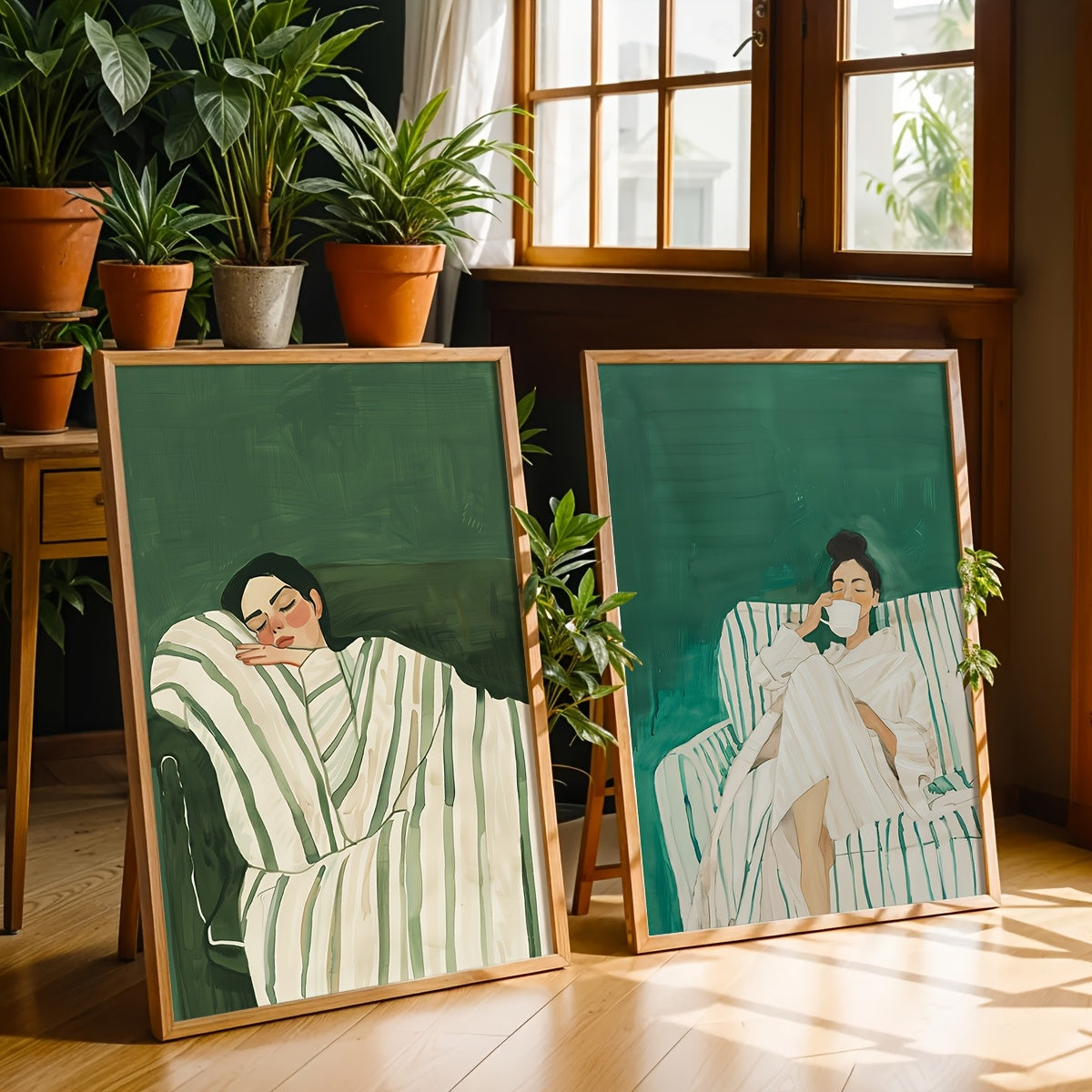 A Set of 2 Abstract Character Wall Art Prints, Featuring a Jade Green Striped Woman Canvas Poster, Minimalist Large Art Wall Decor, Coffee Lover Prints, Spring Decorations for Living Rooms, Bedrooms, Cafes, Bars, Offices, Hal
