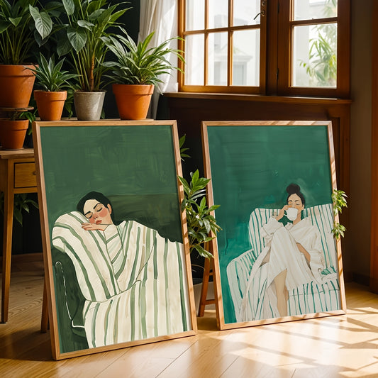 A Set of 2 Abstract Character Wall Art Prints, Featuring a Jade Green Striped Woman Canvas Poster, Minimalist Large Art Wall Decor, Coffee Lover Prints, Spring Decorations for Living Rooms, Bedrooms, Cafes, Bars, Offices, Hal