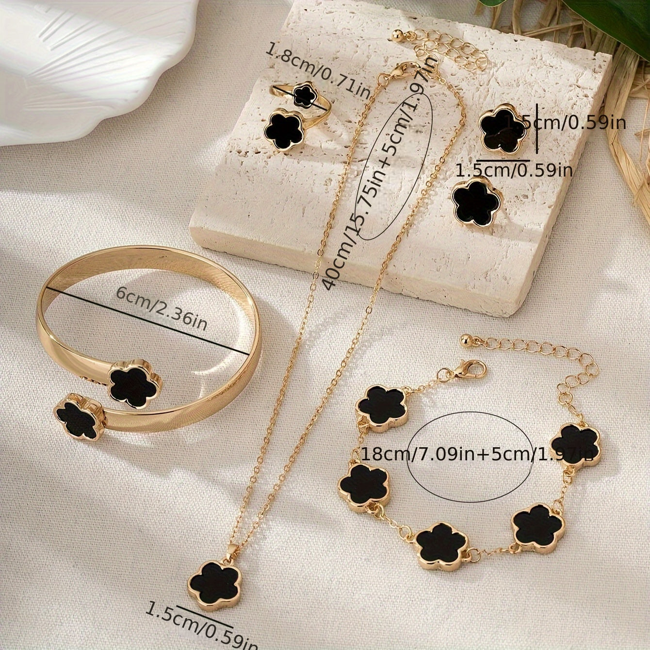 Exquisite Flower Design Stud Earrings & Necklace & Ring & Bangle & Bracelet Elegant Simple Style Delicate Jewelry Set