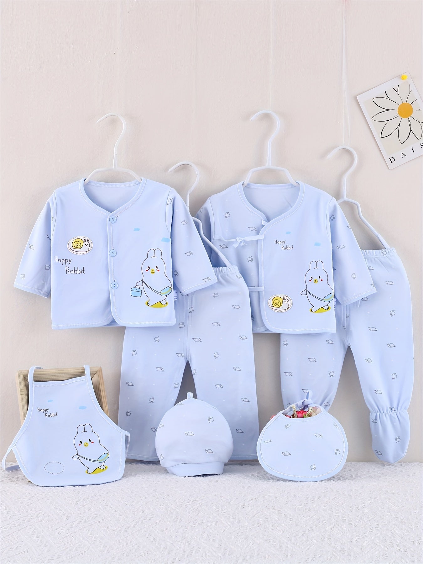 7pcs Newborn Outfits Gifts, Cute Graphic Baby Boys Girls Cotton Comfy Clothes Set - Footed Pants Cardigan Top Trousers Hat Bib Set Outdoor Clothes Outdoor Clothes