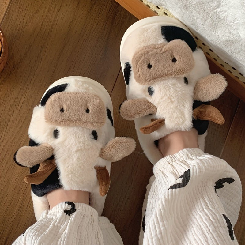 Cute Milk Cow Slippers | Women and Men Fuzzy Slippers, 2022 Winter Plush Platform Slides, Indoor Kawaii Shoes, Cartoon Style, Fabric Upper and Insole, TPU Sole