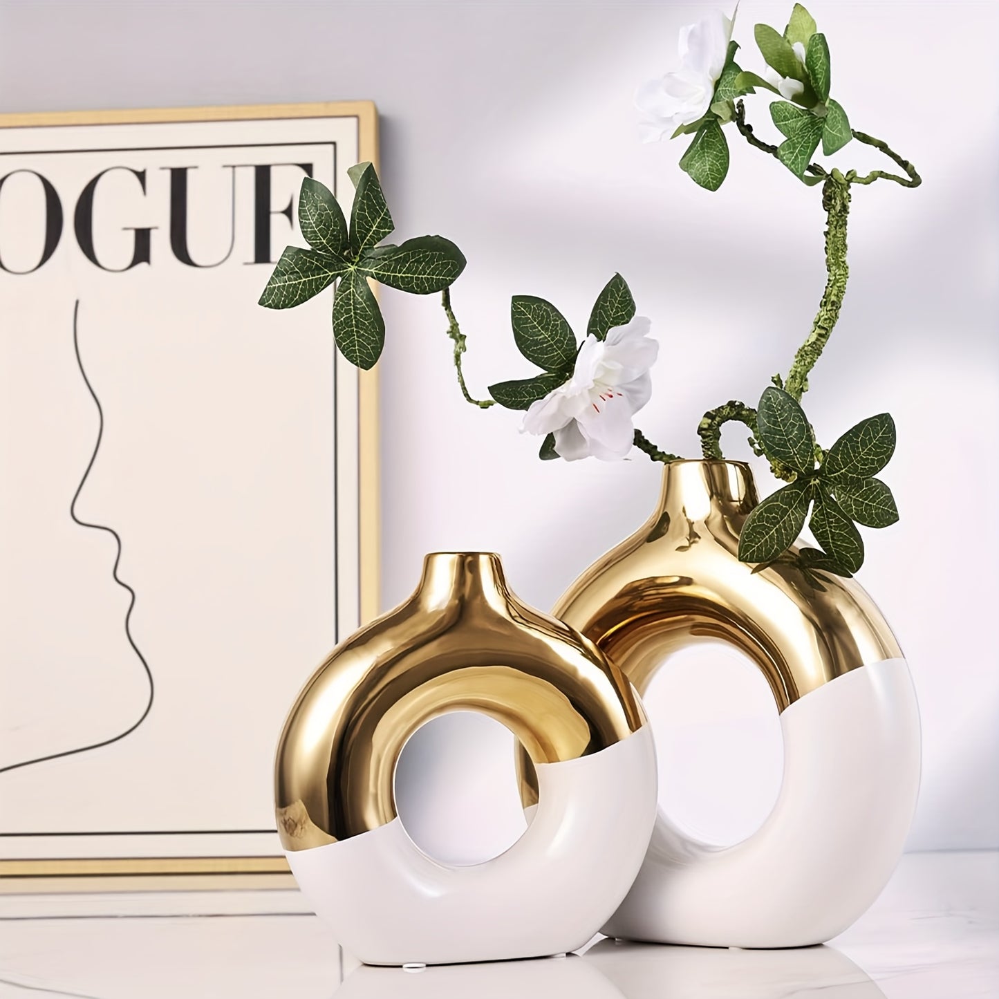 2pcs Boho Style Ceramic Vase Set - White & Golden, Round Bud Vases with Golden Accents, Perfect for Centerpieces & Home Decor, Living Room & Kitchen Accent, Home Decor Vase|Elegant Ceramic Vase|Decorative Vase